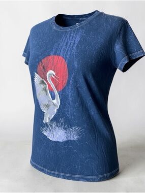 Blue Washed Graphic Tee with Vertical Asian Script